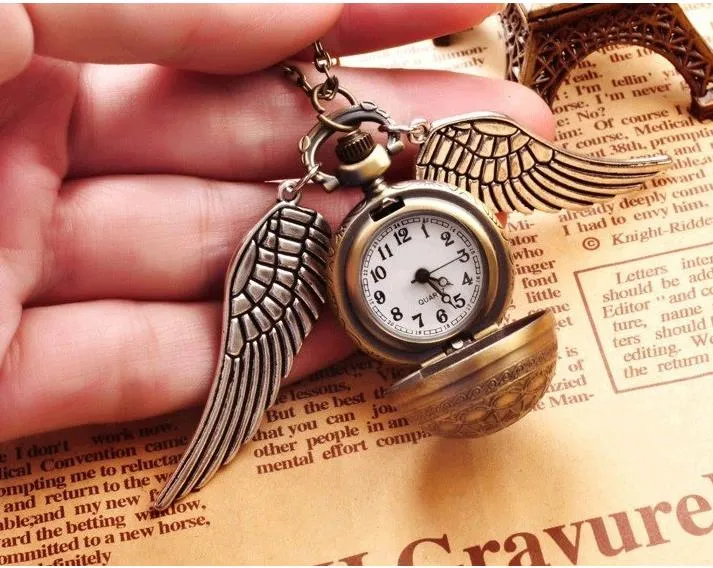 Harry Golden Snitch Taschenuhr Antik Bronze Flügel Ball Anhänger Halskette Ketten Modeschmuck Fans Geschenk