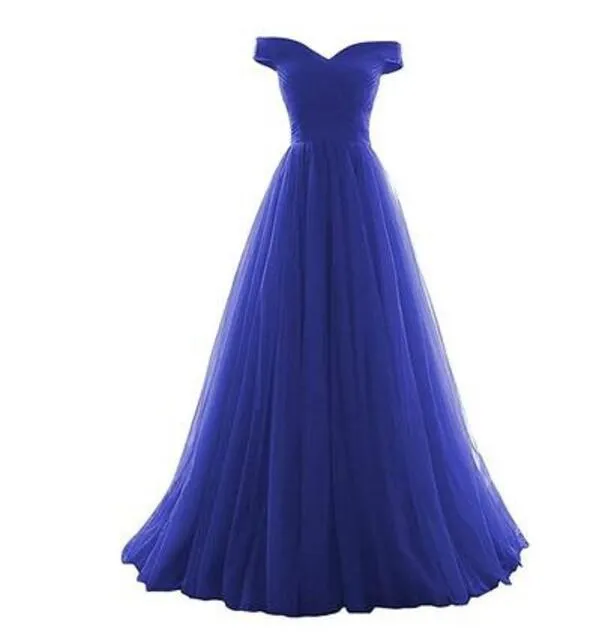 Eleganti abiti da damigella d'onore blu royal lunghi fino al pavimento Abiti da sposa d'onore con spalle scoperte da damigella d'onore a vita impero in tulle