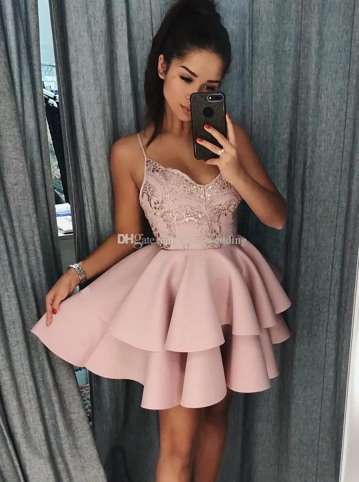 Short Lace Satin Grey Homecoming Dresses With V Neck Spaghetti