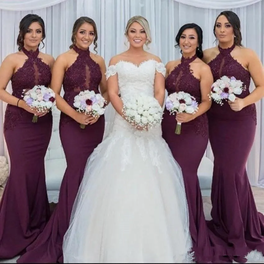 2020 New Burgundy Halter Lace Bridesmaid Dresses Keyhole Sheer Neck Custom Made Mermaid Wedding Guest Gown Vestido Gadern Wedding 4666