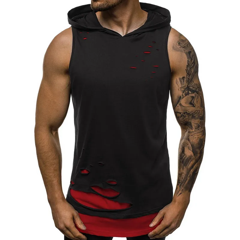 Hommes à capuche débardeur Gym Sport gilet Hip Hop sweats à capuche chemises sans manches 2 couches Fitness Singlet déchiré trou Camiseta Tirantes Hombre