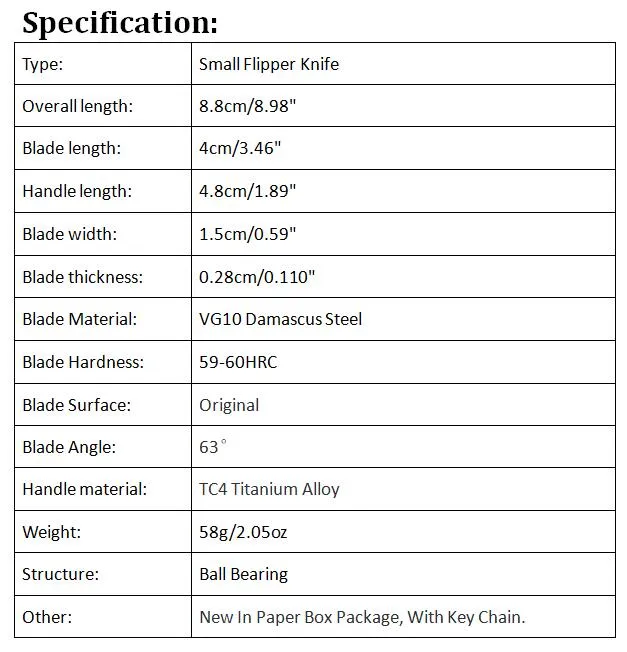 1 sztuk H015 Mini mały nóż składany Flipper VG10 ostrze ze stali damasceńskiej TC4 uchwyt ze stopu tytanu łożyska kulkowe noże