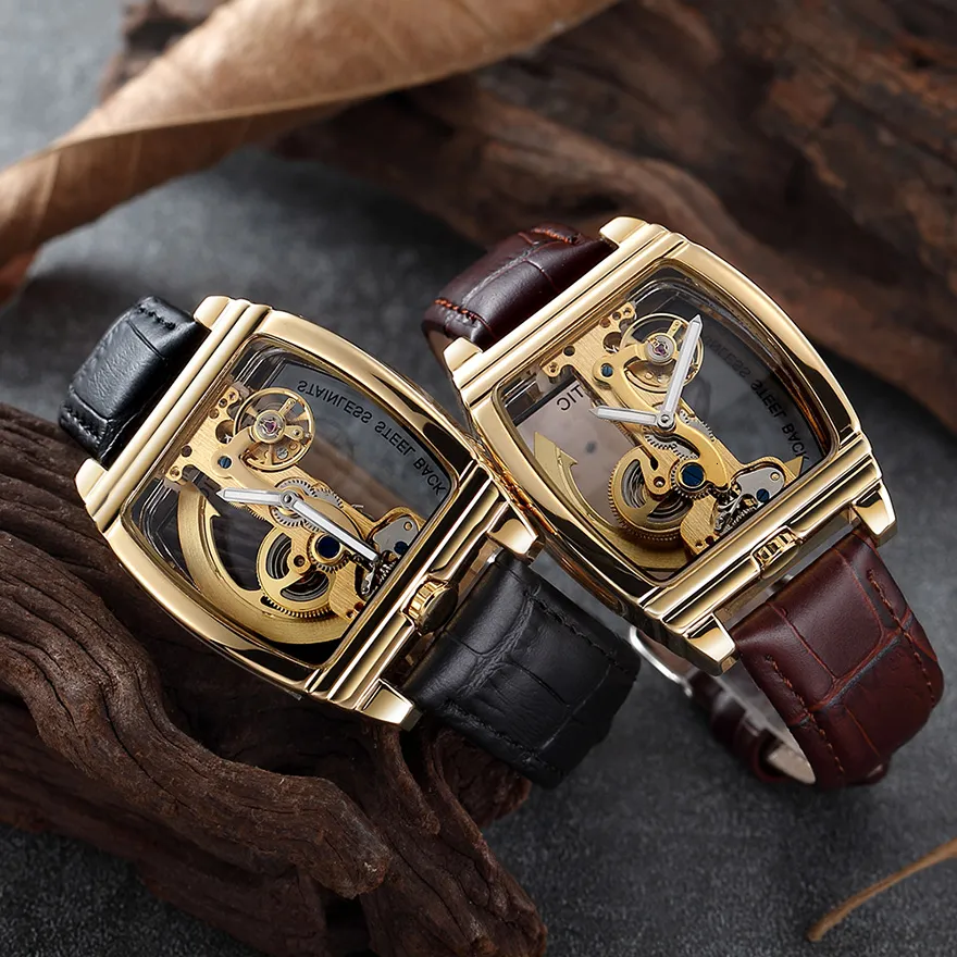 Transparante Automatische Mechanische Horloge Mannen Steampunk Skeleton Luxe Gear Zelfopwindende Lederen Heren Klok Horloges Montre Hom296G