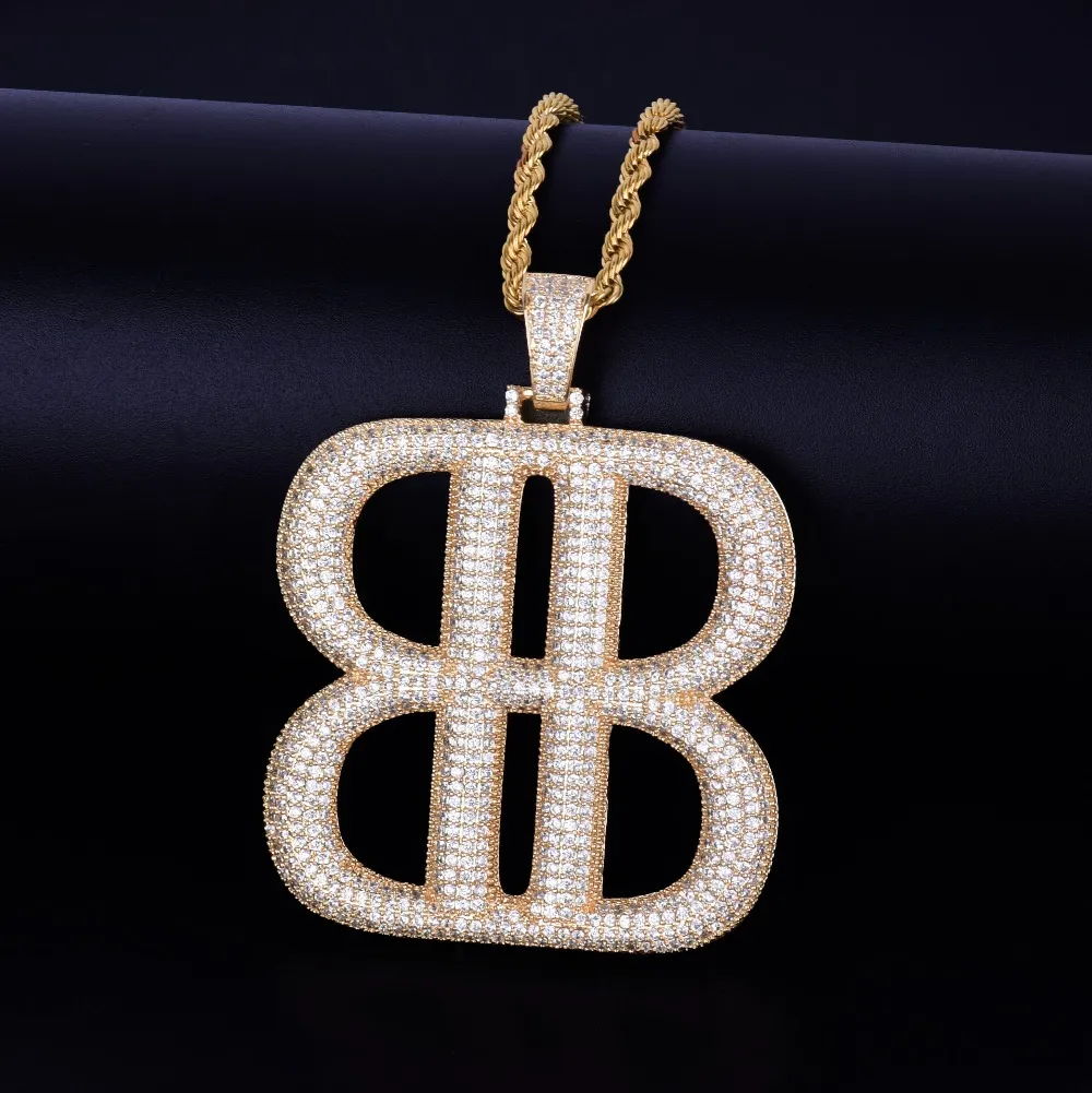 B Letter Geometric shape with Rope Chain Necklace Gold Silver Pendant Bling Cubic Zircon Hip hop Men Jewelry