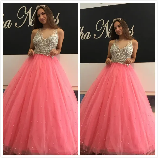 Water Melon Beaded Sequins Quinceanera Prom Dresses Cheap Sheer Neck