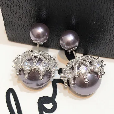 925 sterling Silver Needle Double Pearl أقراط Hollow Crown Stud أقراط الأوروبية والأميركية الأزياء الزركون المجوهرات الأذن