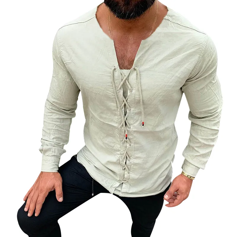 남성 캐주얼 퓨어 컬러 밧줄 코튼 리넨 셔츠 슬림핏 사회 하라주쿠 블라우스 라운드 넥 남성 흰색 긴 소매 의류