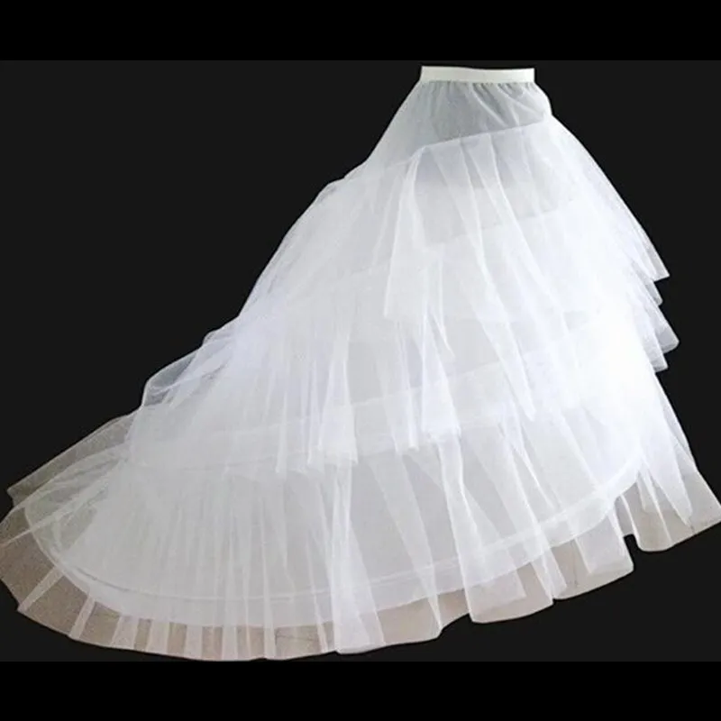 Helt nya vita tull petticoats med tåg 3 lager 2 hoops underskirt bröllopstillbehör crinoline för brudklänning formell klänning244a