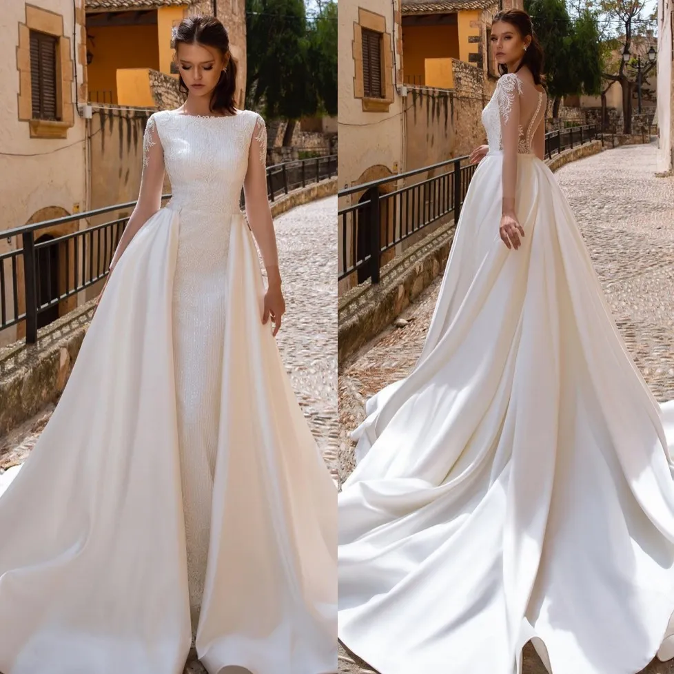 Vestidos de noiva modestos de renda A linha com trem destacável pescoço barco apliques vestidos de noiva mangas compridas cetim robe de mari￩e