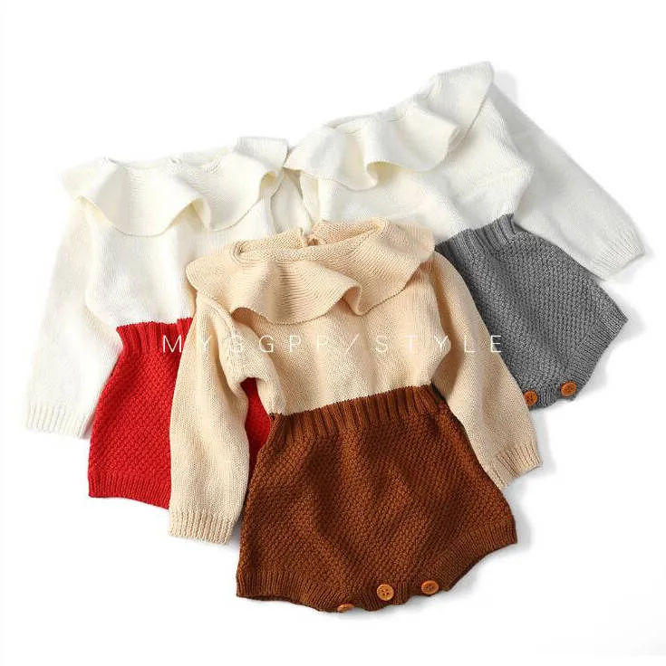 Bébé fille vêtements barboteuses infantile hiver tricoté combinaisons pull à manches longues enfant en bas âge O cou Onesies nouveau-né bouton combishorts body D6288