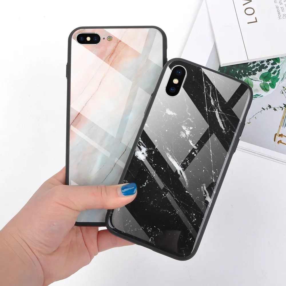 Glossy Marble texture Tempered Glass Phone Case For iPhone X XS XR XS Max 8 7 6 6S Plus Cool Full Body Protection Back Cover