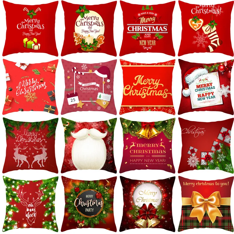 Xmas Peach Skin Pillow Case Red Christmas Santa Claus Soft Sofa Kasta Kudde Täck God Jul Kvadratisk Kuddefodral