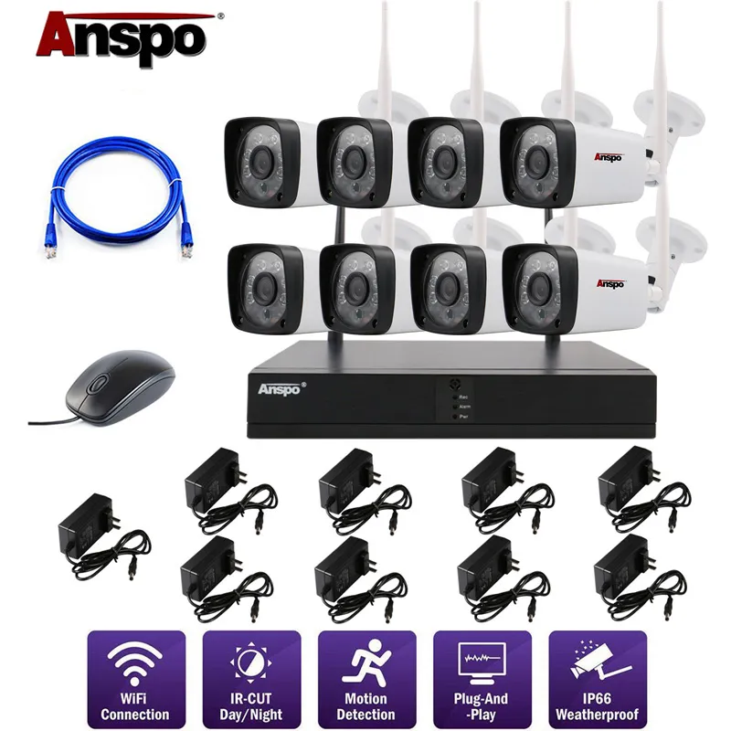 Anspo 1080P/960p 8CH Wifi Sistema di telecamere CCTV wireless Sistema di sicurezza di sorveglianza domestica impermeabile Plug and Play P2P NVR