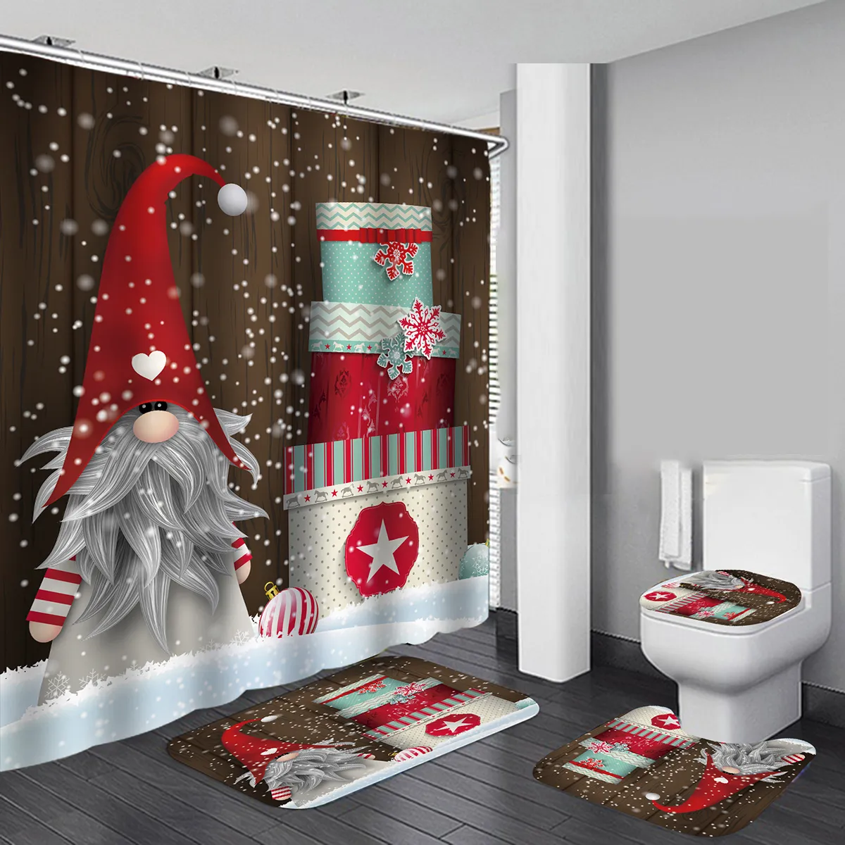 Merry Christmas Waterdichte Bad Douchegordijn Kerst Santa Claus Bad Mat Deksel Toilethoes Polyester / Flanel Douchegordijn T200102