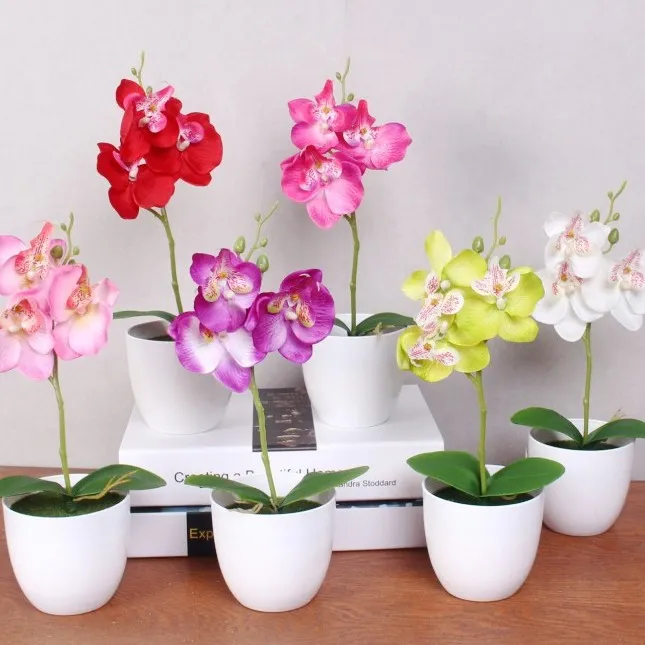 20 Set phalaenopsis en pot fleur d'orchidée artificielle + feuille de mousse + vase en plastique simulation fleur maison décoration de Noël bonsaï cadeau