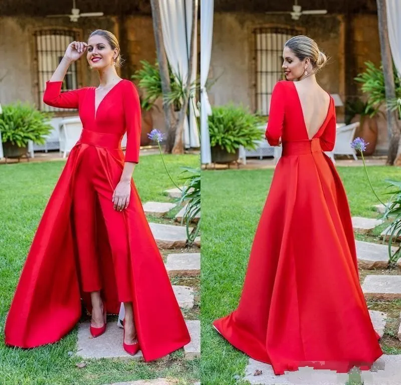 2020 New Arrival Fashion Red Suits Prom Dresses V Neck Satin 3/4 Long Sleeves With Overskirts Backless Party Plus Size Evening Gowns