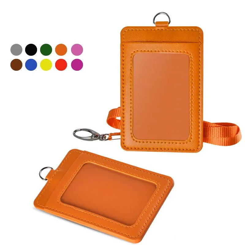 Estojo de couro PU porta-crachá vertical porta-cartões de identificação porta-cartão capa carteira com alça de cordão destacável bolsas de negócios coloridas