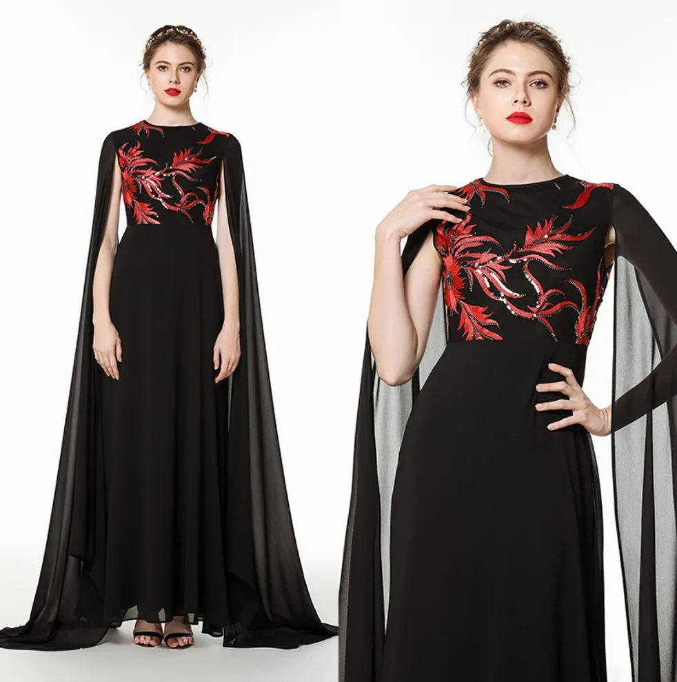 Black Arabic Capped Chiffon Long Evening Dresses Dubai Long Sleeves Embroidery Applique Formal Party Prom Special Occasion Gowns