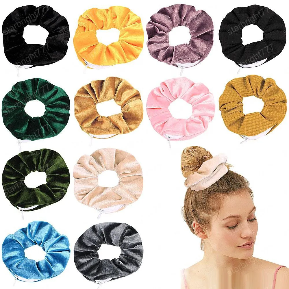 Velvet Hair Scrunchies Zipper Women Scrunchy Elastic Hair Bands Girls velour Headwear Ponytail Holder Pleuche Hair Ties Small Bag