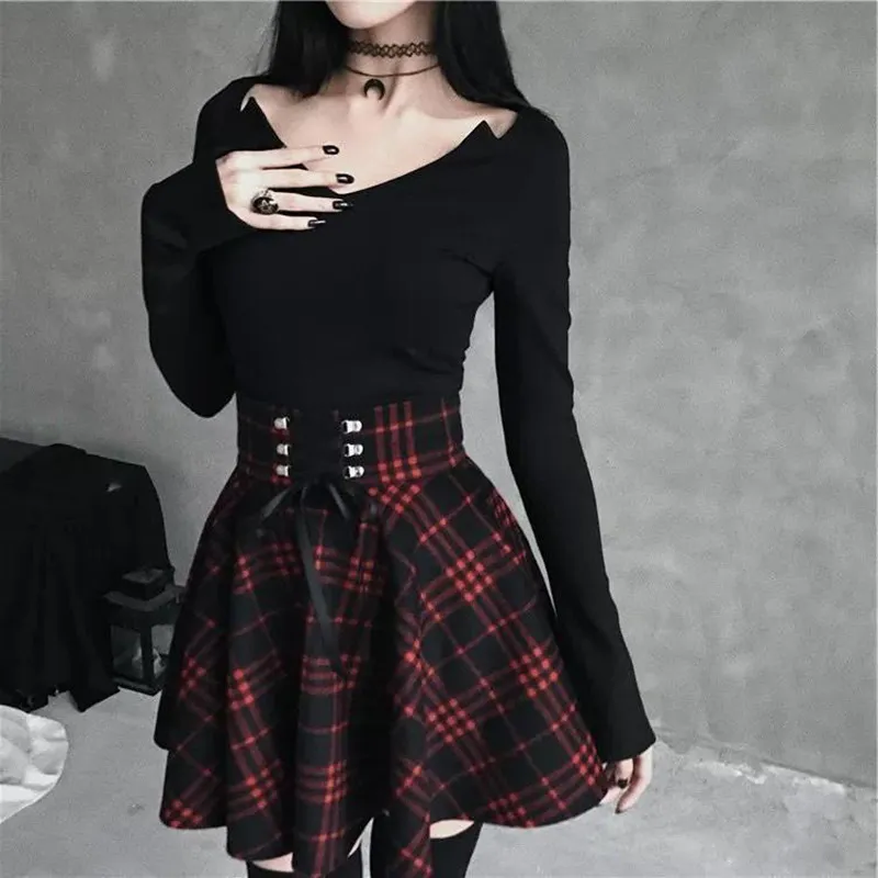 Checkered Mini Skirt: Gothic Pleated Plaid Skirt - Black A Skirt