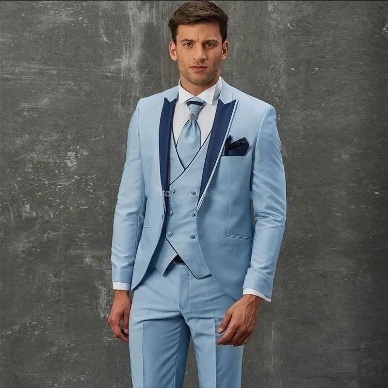 Costumes de mariage bleu clair à un bouton pour hommes, trois pièces à revers, Tuxedos de marié d'affaires (veste + pantalon + gilet + cravate) W1003