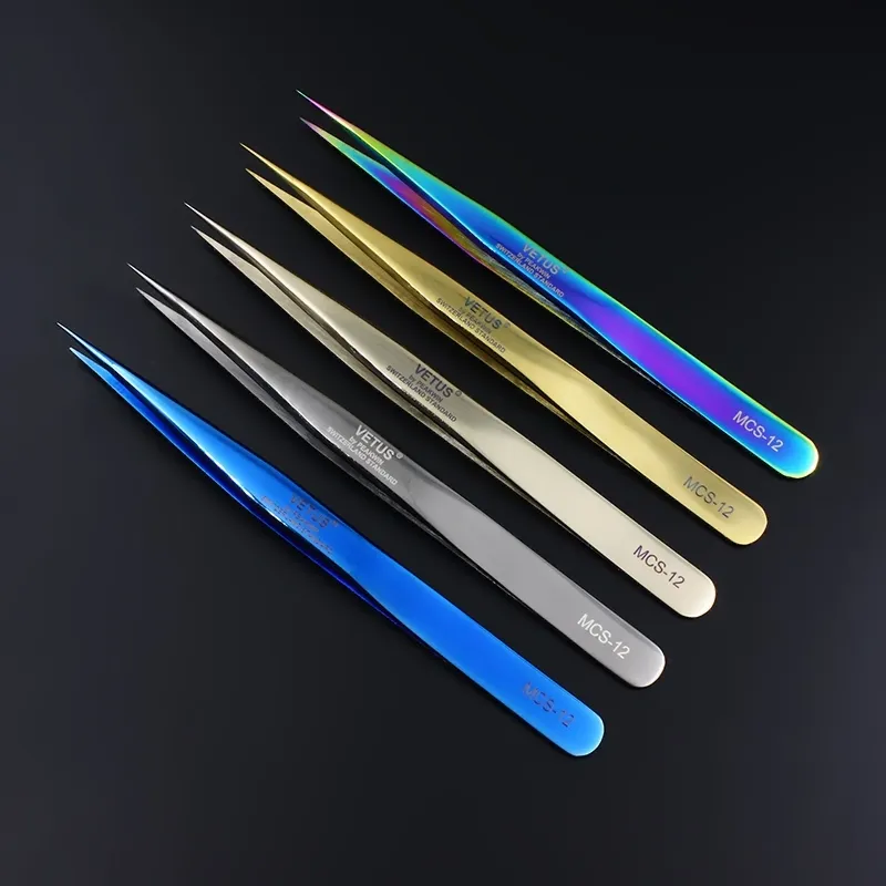 100% Genunie VETUS MCS-15/12 series Rainbow Tweezers False Eyelash Extension Tweezer Stainless Steel Colorful Tweezers