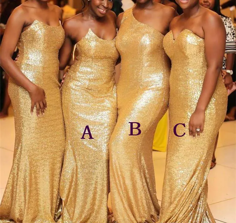 Gold Sequined Bridesmaid Dresses 2019 Black Girls Summer Country Garden Formal Wedding Party Guest Maid of Honor Gowns Plus Size Custom Mad