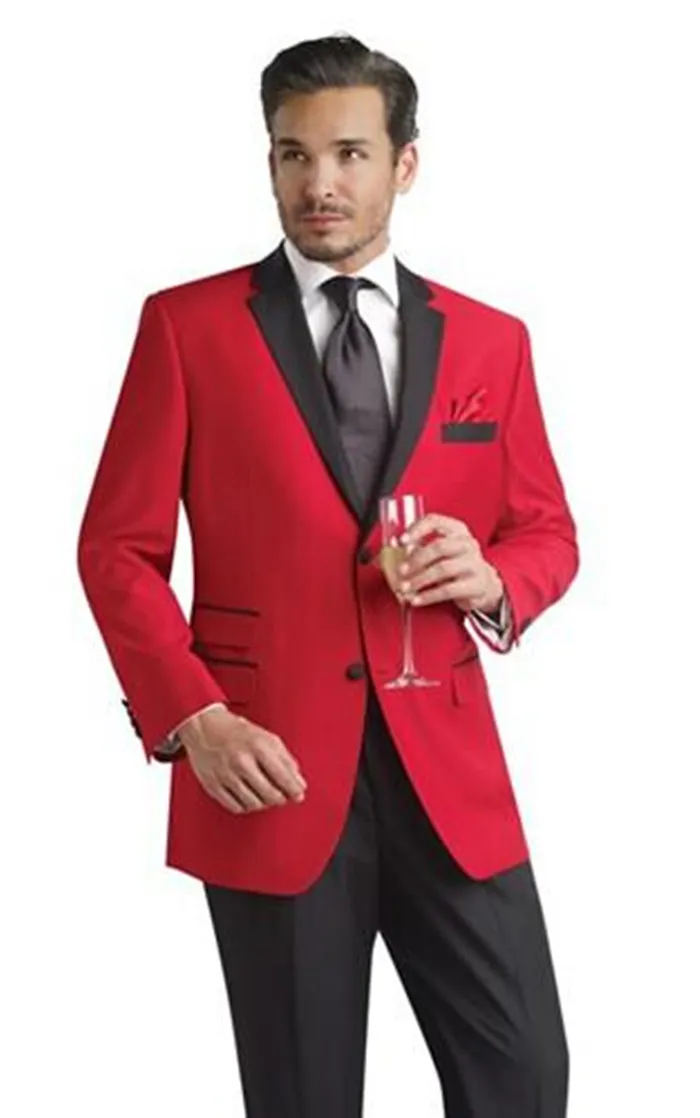 Neue individuelle Design zwei Knöpfe rot Bräutigam Smoking schwarz Revers Revers Trauzeuge Trauzeugen Männer Hochzeitsanzüge (Jacke + Hose + Krawatte) 1537