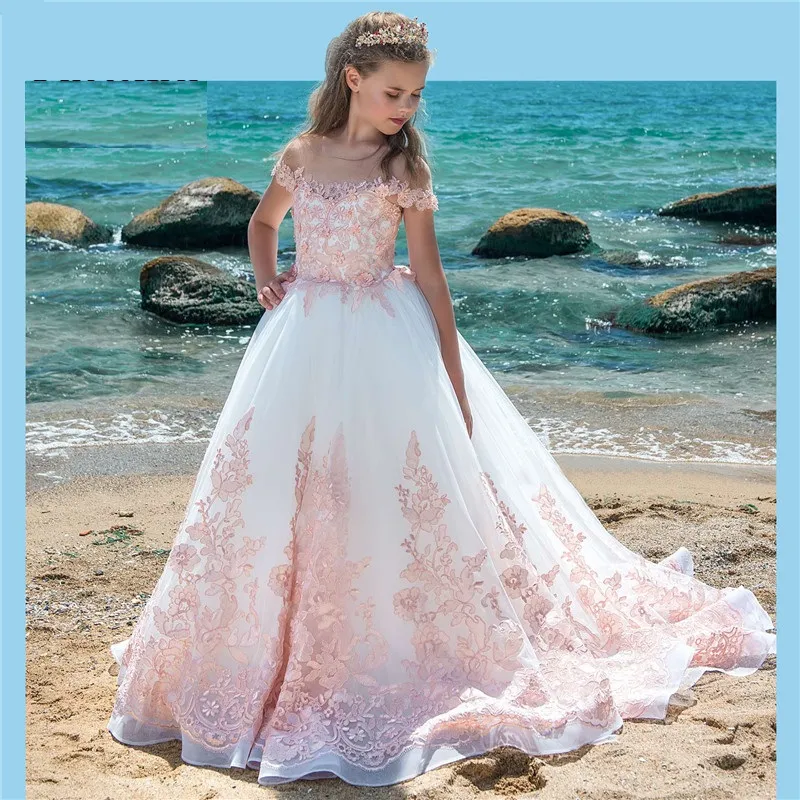 Flower Girl Dresses With Pink Applique Pageant Dresses For Girls