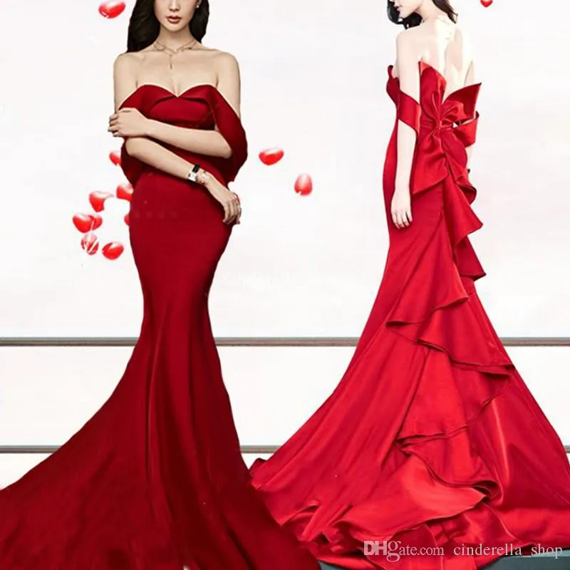 Sexig röd sjöjungfru prom klänningar från axel satin veck bågen knufflar svep tåg formell klänning kväll klänningar vestidos de noiva ogstuff