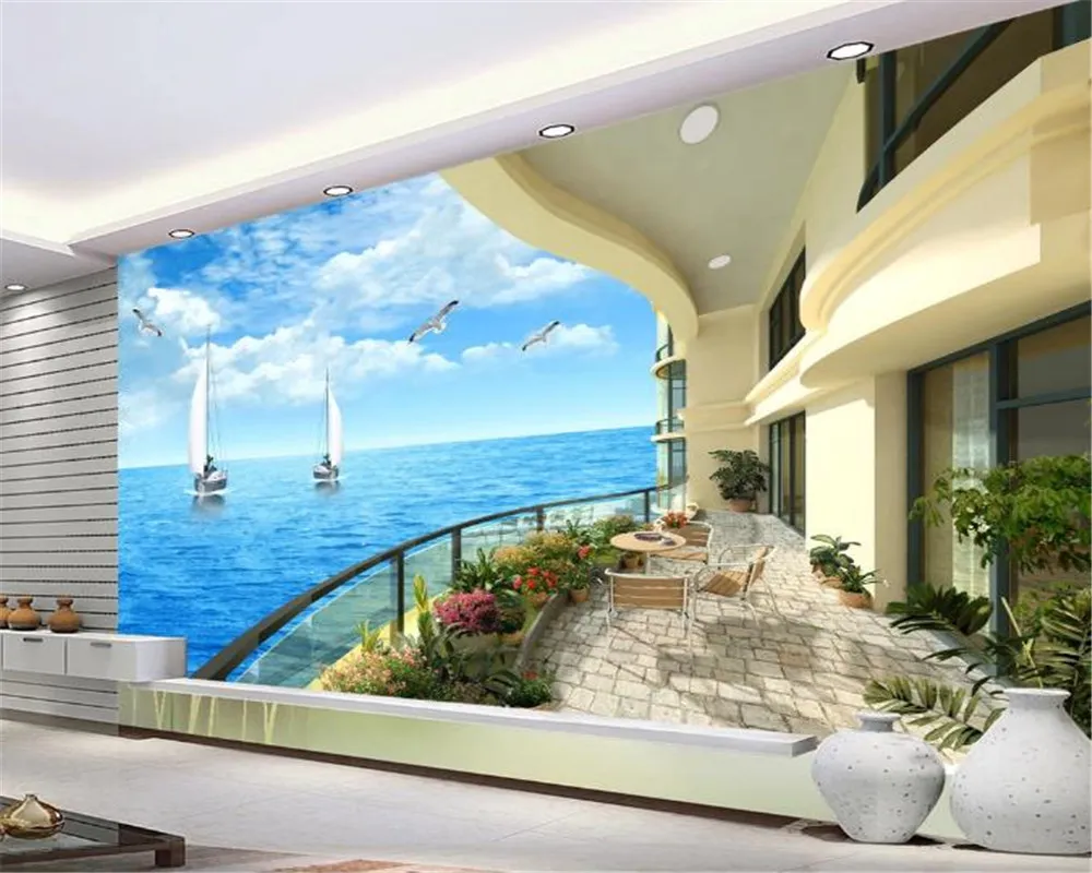 Home Decor 3d Wallpaper Sailboat Seaview Resort Balcony 3D TV Background Wall HD Digital Printing Moisture Wall paper