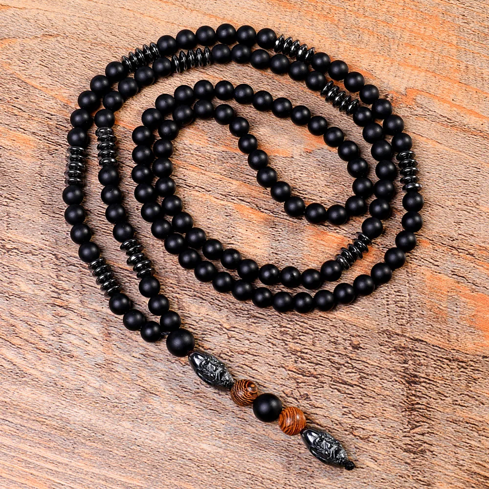 Collar de cuentas talladas de hematita negra Natural, colgante de cuentas de Rosario de madera de piedra Mala de Lava de Buda negro, 229M