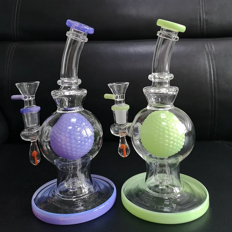 Unieke bal kopige glazen bonggroene paarse douchekop perc dab rig 14 mm vrouwelijke gewricht glazen waterpijp bongs rookolie rigs met kom