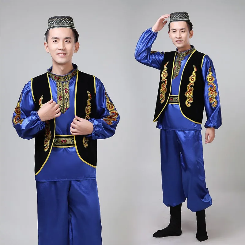 Sinkiang etnik giysiler yetişkin festivali parti sahne dans giyim Sincan erkekler kostüm performans takım elbise Uygur cosplay özellikleri