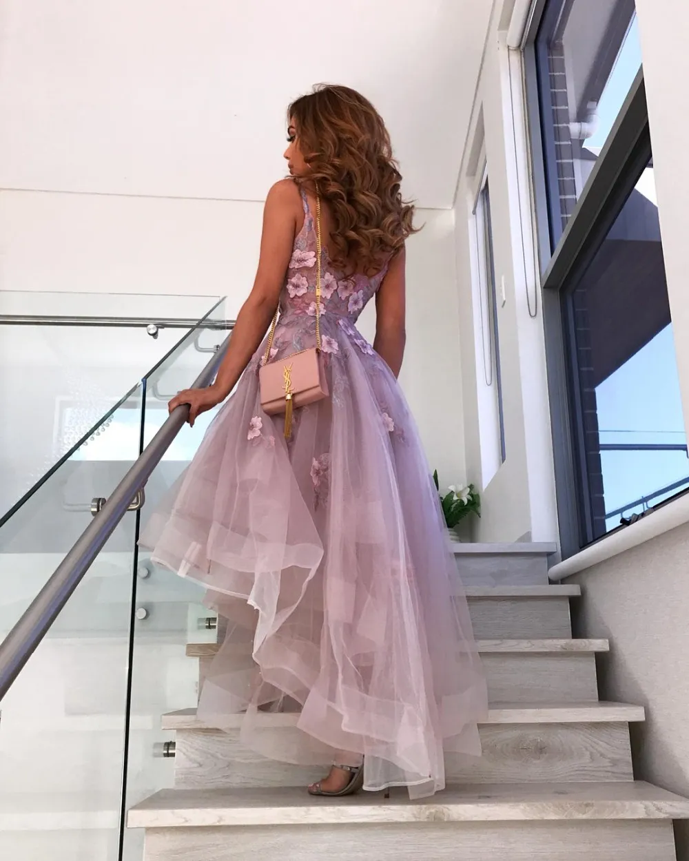 lavender dresses for graduation Lavender Applique Tulle Long Prom Dresses, Purple Lace Graduation Dresses  Formal Gown main image 0