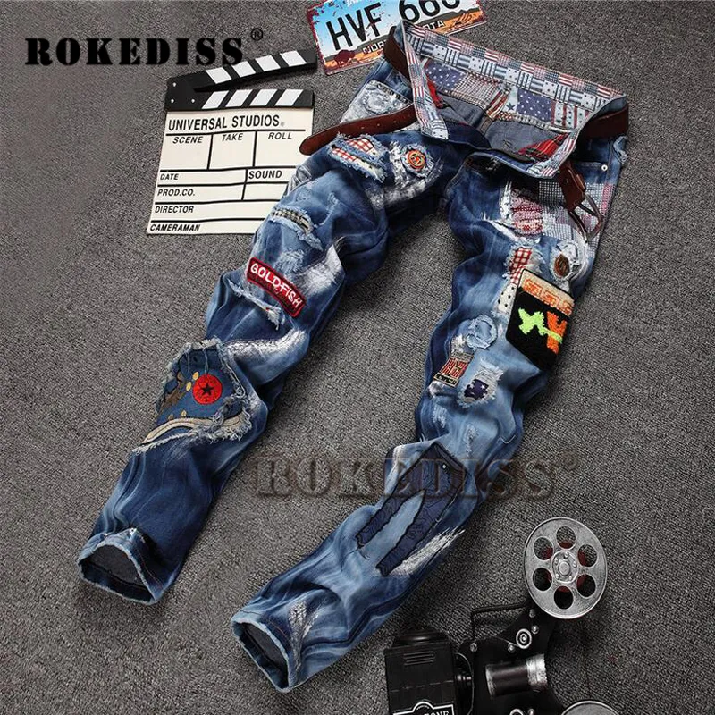 Erkekler kot mikro-post ince erkek pantolon patch punk şık pantolon sahte tasarımcı kıyafetleri pantalones vaqueros hombre b113