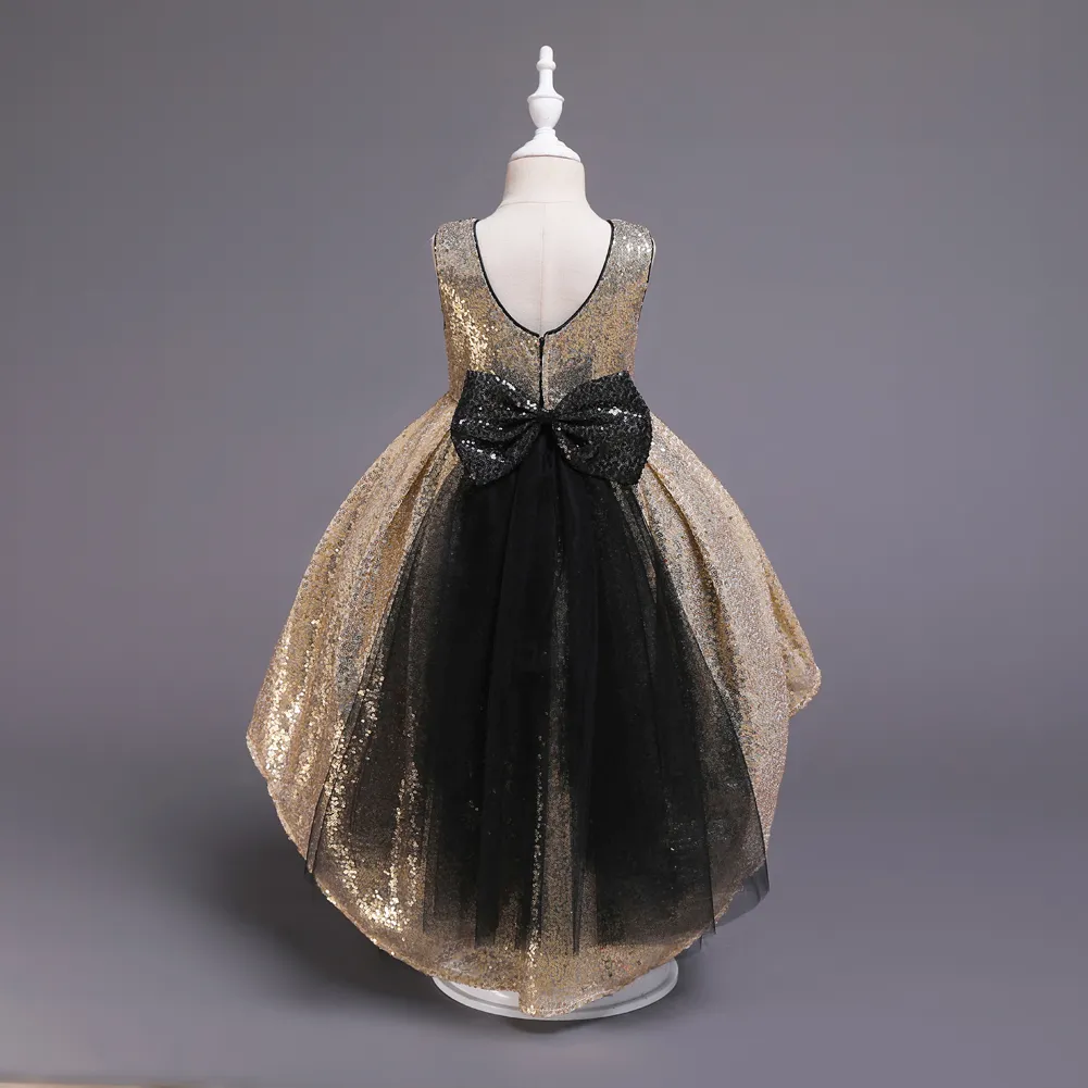 2019 Gold Sequins High Low Designer Kids Dresses Formal Flower Girl Dress Jewel Sleeveless Big Bow Sash Black Tulle Pageant 245p