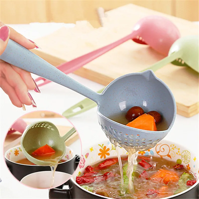 Dual Purpose Spoon 2 In 1 With Filter Soup Ladle Wheat Straw Long Handle Spoons For Cooking Kitchen Colander Kitchen Tools