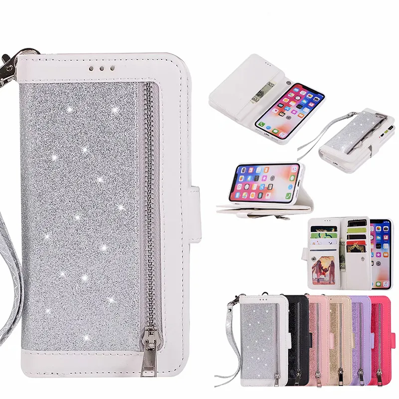 Cremallera 9Card Cartera de cuero multifunción Bling Glitter funda con tapa para iphone 11 pro max XS MAX XR 6 7 8 PLUS