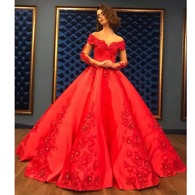 Красное шариковое платье абарика Дубай свадебные платья V-образным вырезом с длинным рукавом с 3D-аппликациями Бусины Bridal Pageant Atin Ruffles юбка PageNT