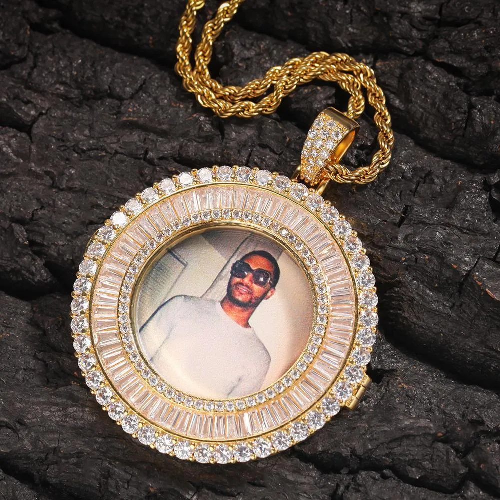 Personalizado Real Banhado Ouro Bling Diamante Personalizado Foto Redonda Medalhão Pingente Colar Quadrado Zircônia DIY Jóias Presentes Para Homens Mulheres