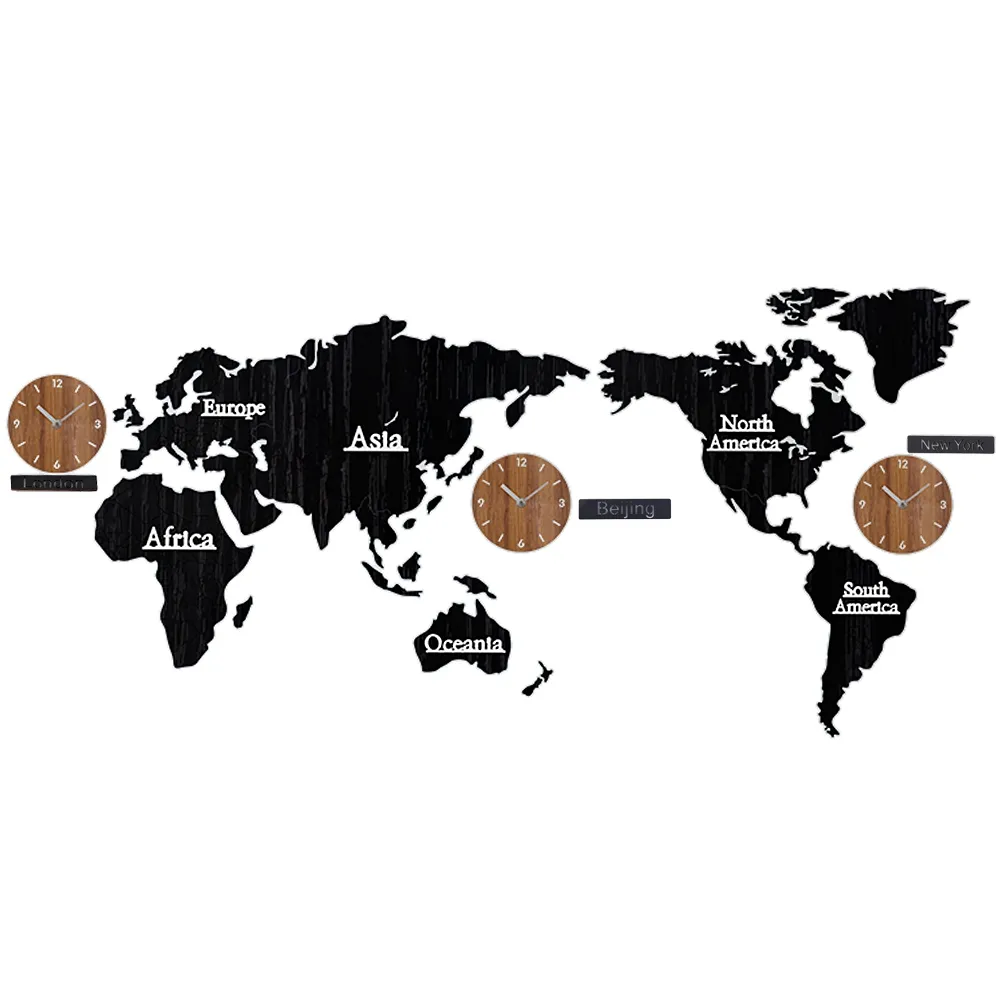 Wood World Map Time Non Ticking Silent Wall Stick Clock DIY Home Dekoration