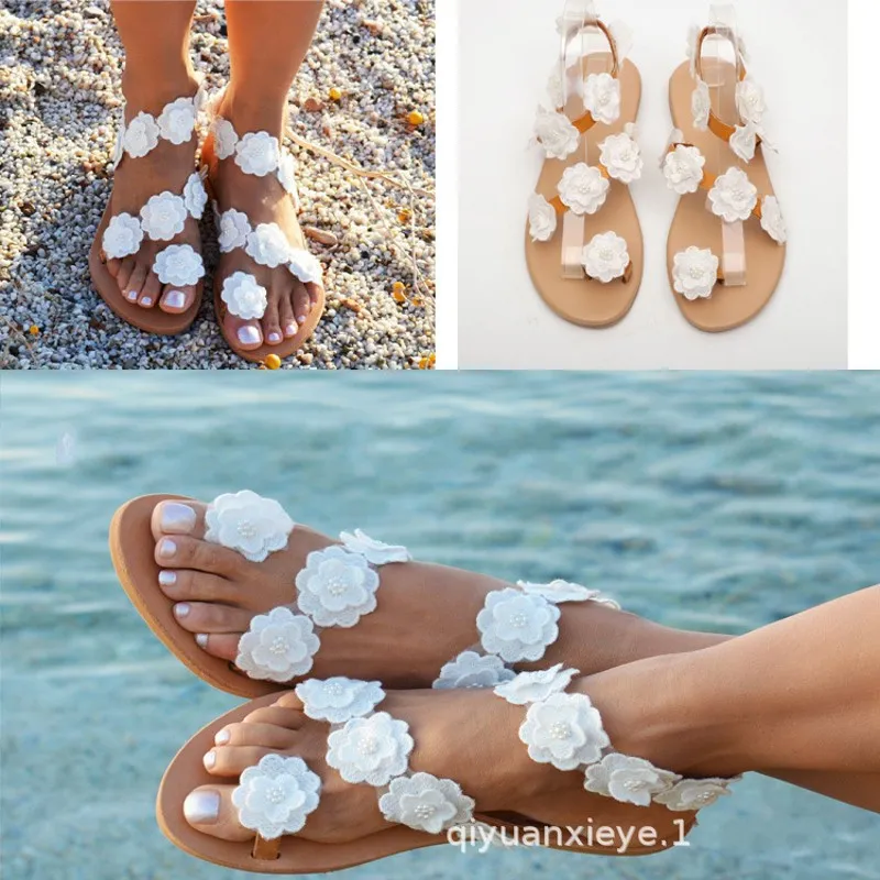 Eleganta Sommar Flip Flops Bohemian Bröllopsskor 2019 Lace Blommor Kvinnor Sommar Platt Bottom Beach Boho Bridal Sandaler