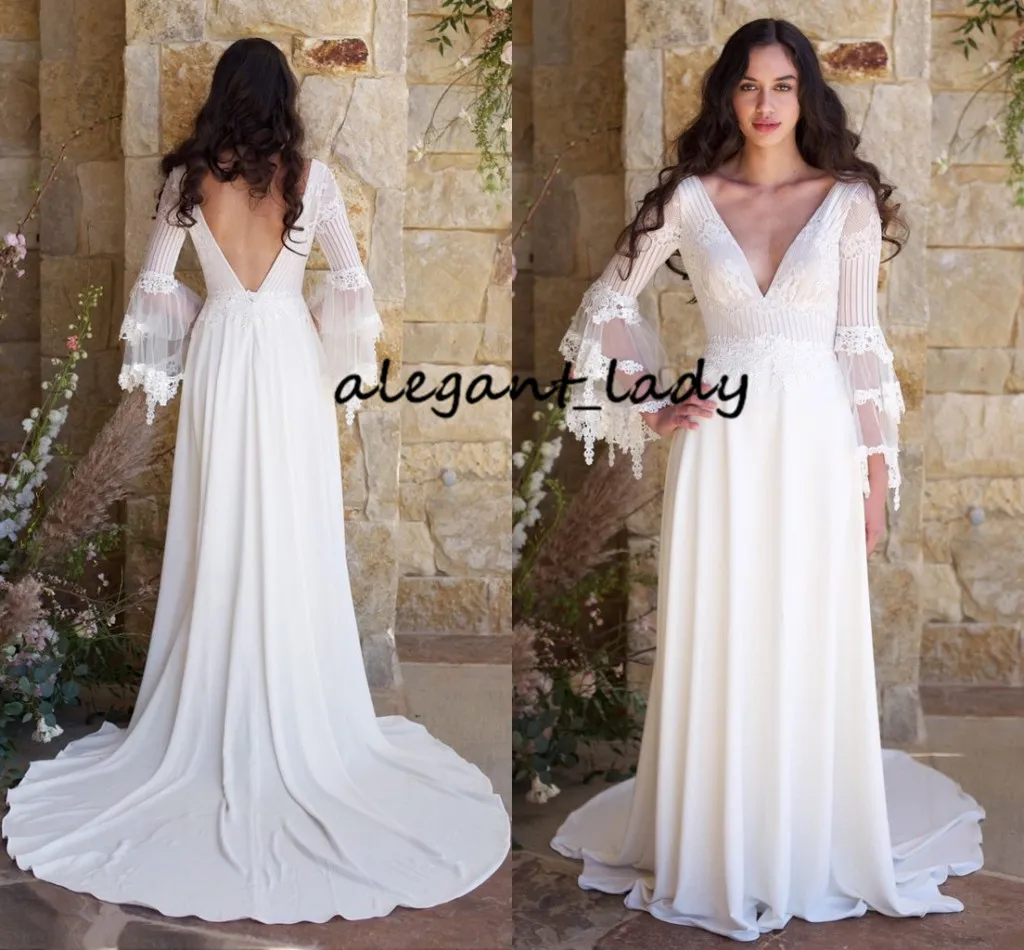 Campana Vestidos de novia de manga larga 2019 Apliques de encaje de algod n con cuello en v sexy y fluir de longitud completa Boho Country Beach