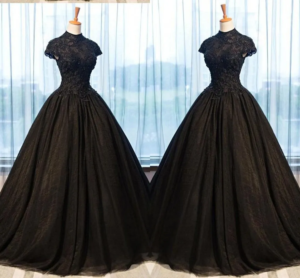 2022 Черные кружева вечерние платья шариковые платья высокой шеи аппликация бисера империя талия принцесса выпускные платья выпускные платья женщины плюс размер