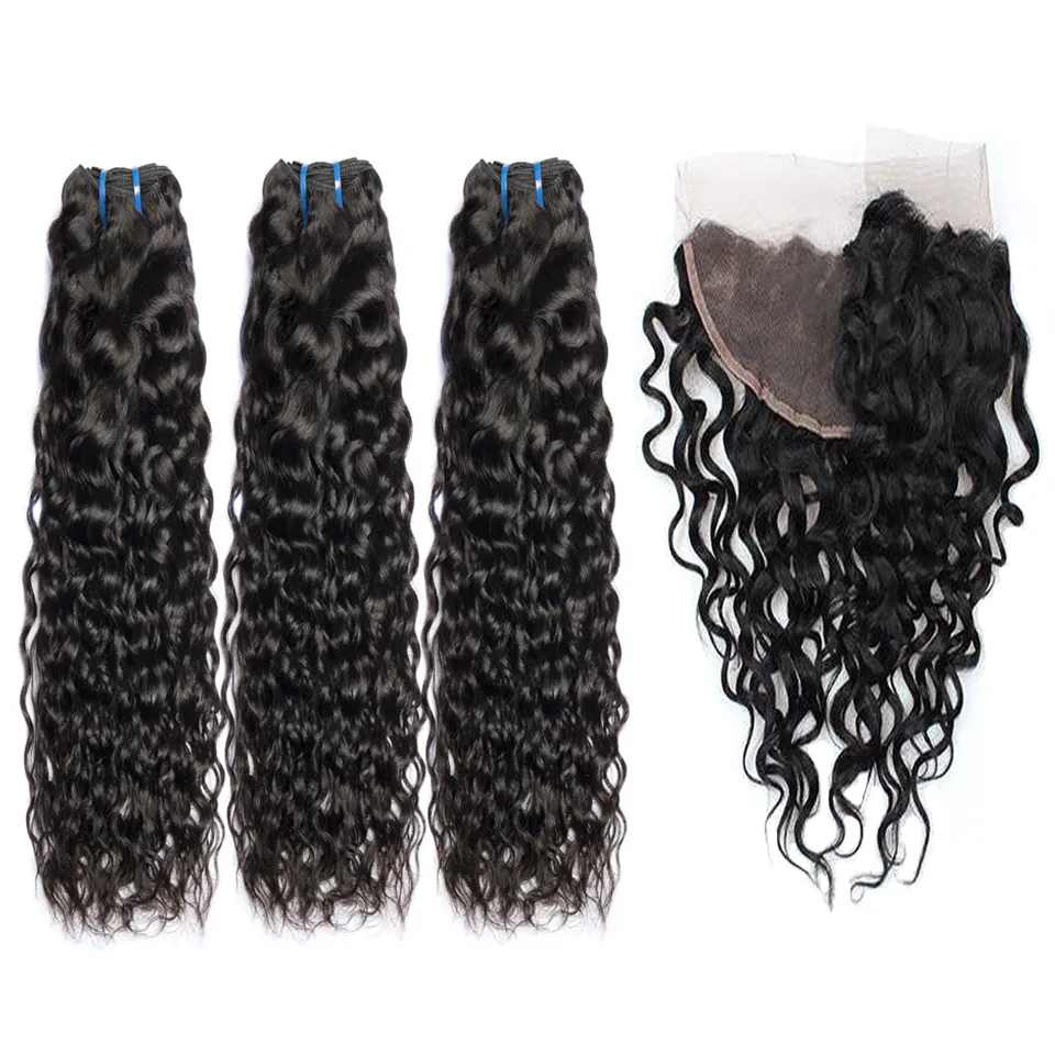 Brazilian Nature Wave Human Hair Weaves 3 Bundles with 13x4 Lace Frontal Ear to Ear Full Head Natural Color Human Hair Extensions