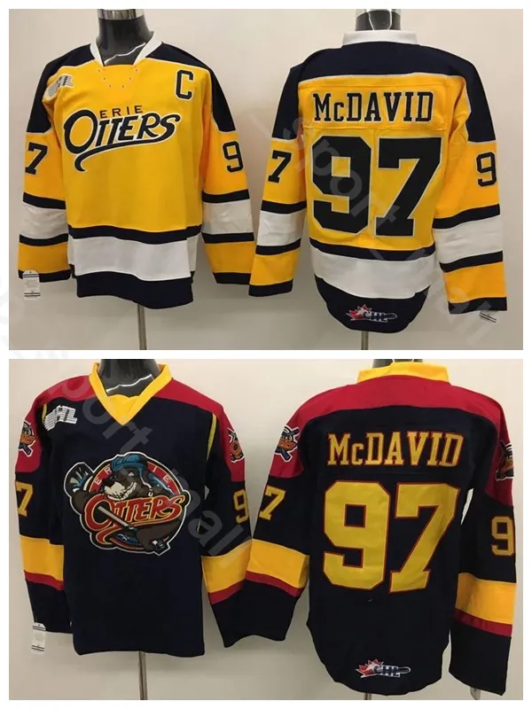 College Premier OHL Avec COA 97 Connor McDavid Edmonton Erie Otters Jersey Hommes Hockey sur Glace Vintage Domicile Noir Extérieur Jaune Haute Qualité