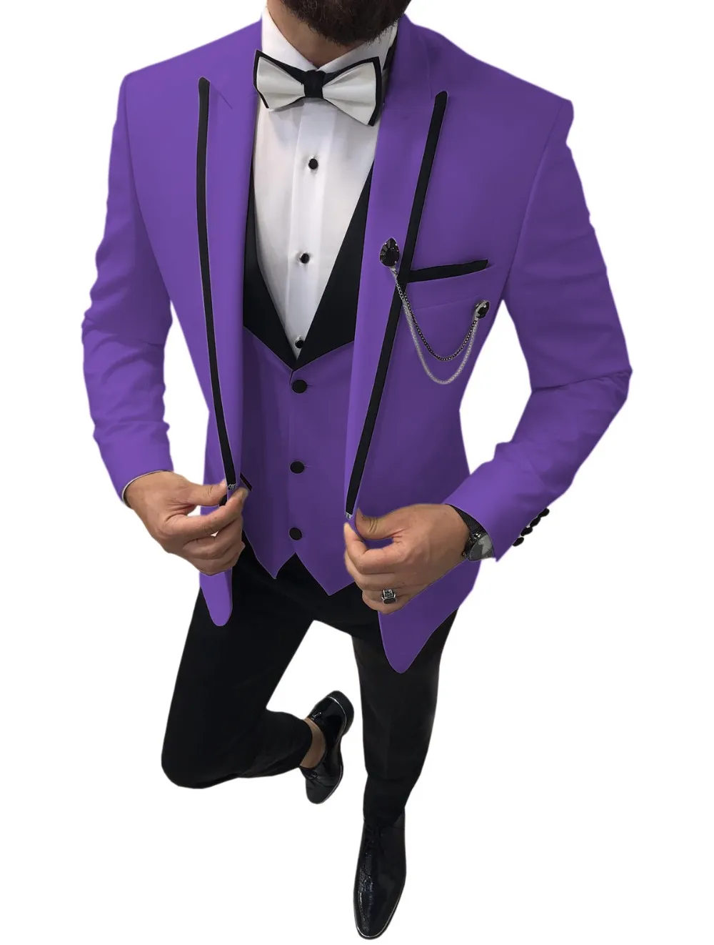 Slim Fit Purple Groom Tuxedos Peak Lapel Groomsman Wedding 3 Piece Suit Moda Mężczyźni Business Prom Jacket Blazer (Kurtka + spodnie + krawat + kamizelka) 2864
