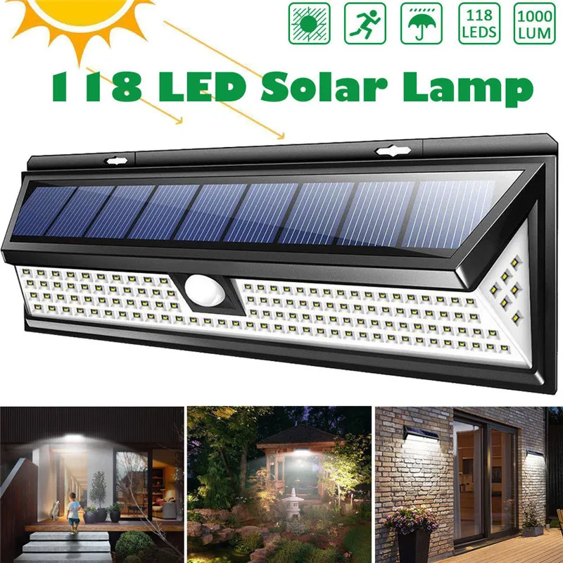 118 LED 1000LM 3 modalità Luci a LED solari da giardino Lampada solare per esterni Sensore di movimento 270 gradi Impermeabile IP65 Luce di sicurezza solare