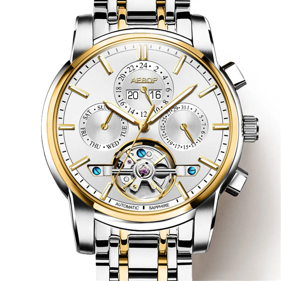 Aesop relógios masculinos marca superior de luxo relógio mecânico automático masculino aço inoxidável tourbillon relógio masculino243f